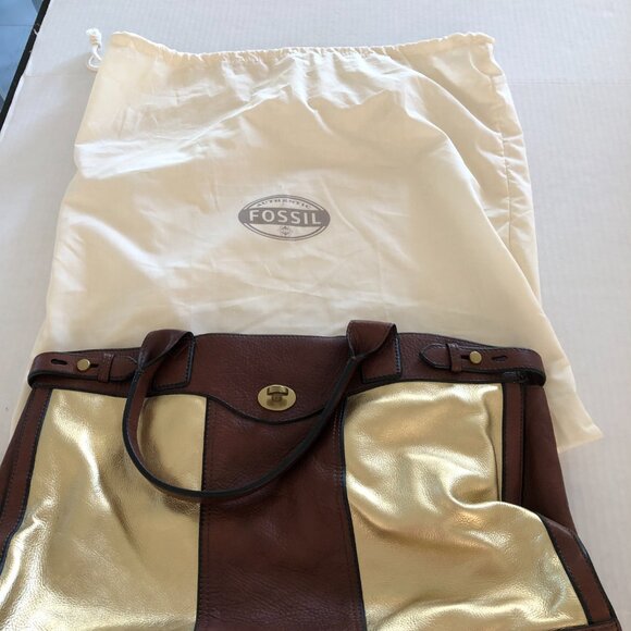 FOSSIL Vintage Reissue Brown Leather Shimmer Gold XL Weekender Duffle Bag RARE - Picture 10 of 11